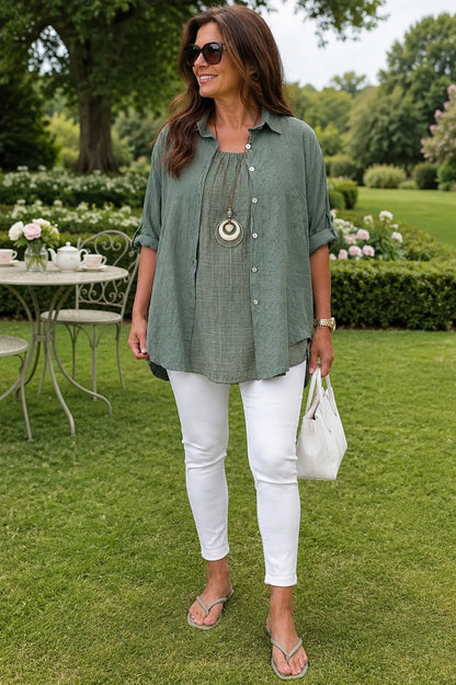Pure Bubble Cotton Embroidery Anglaise Daphne Button Sleeve Shirt - Khaki