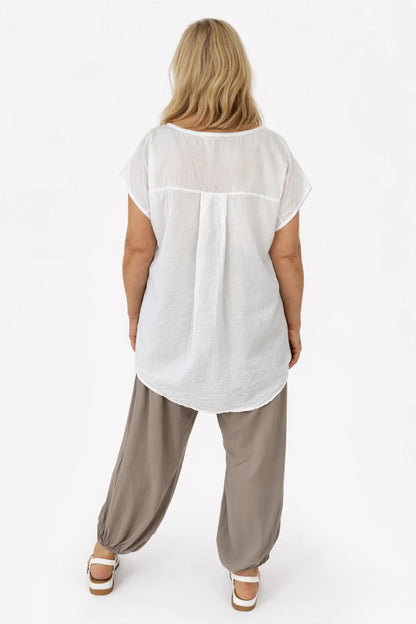 Pure Cotton Embroidery Anglaise Flower Amara Necklace Top - White