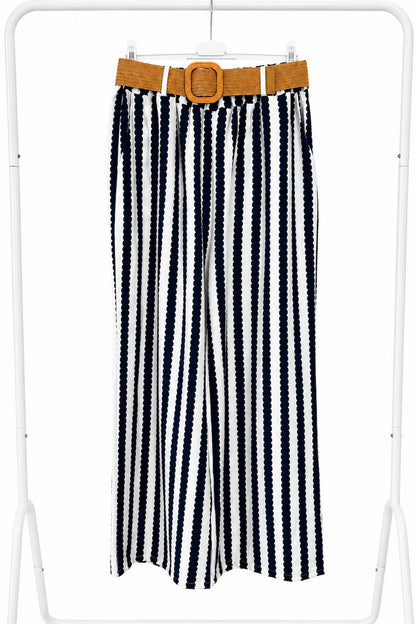Double Pocket Cassia Belted Stripe Trousers - Navy/White