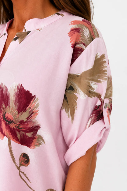 Button Sleeve Drawstring Hem Mary Floral Shirt - Baby Pink