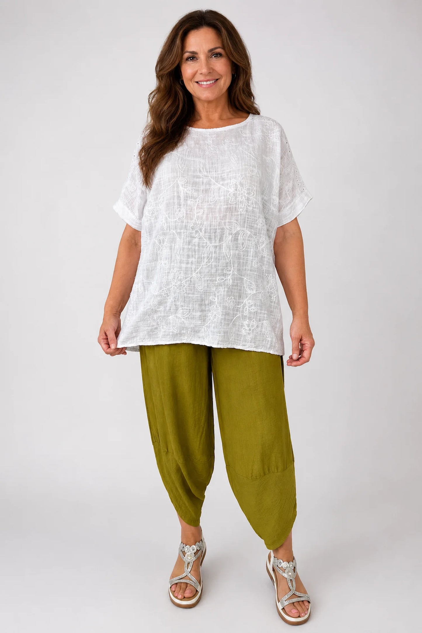 Pure Cotton Embroidery Anglaise Crochet Sleeve Devure Top - White