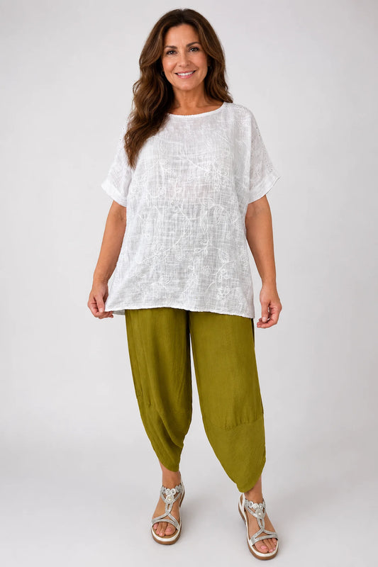 Pure Cotton Embroidery Anglaise Crochet Sleeve Devure Top - White