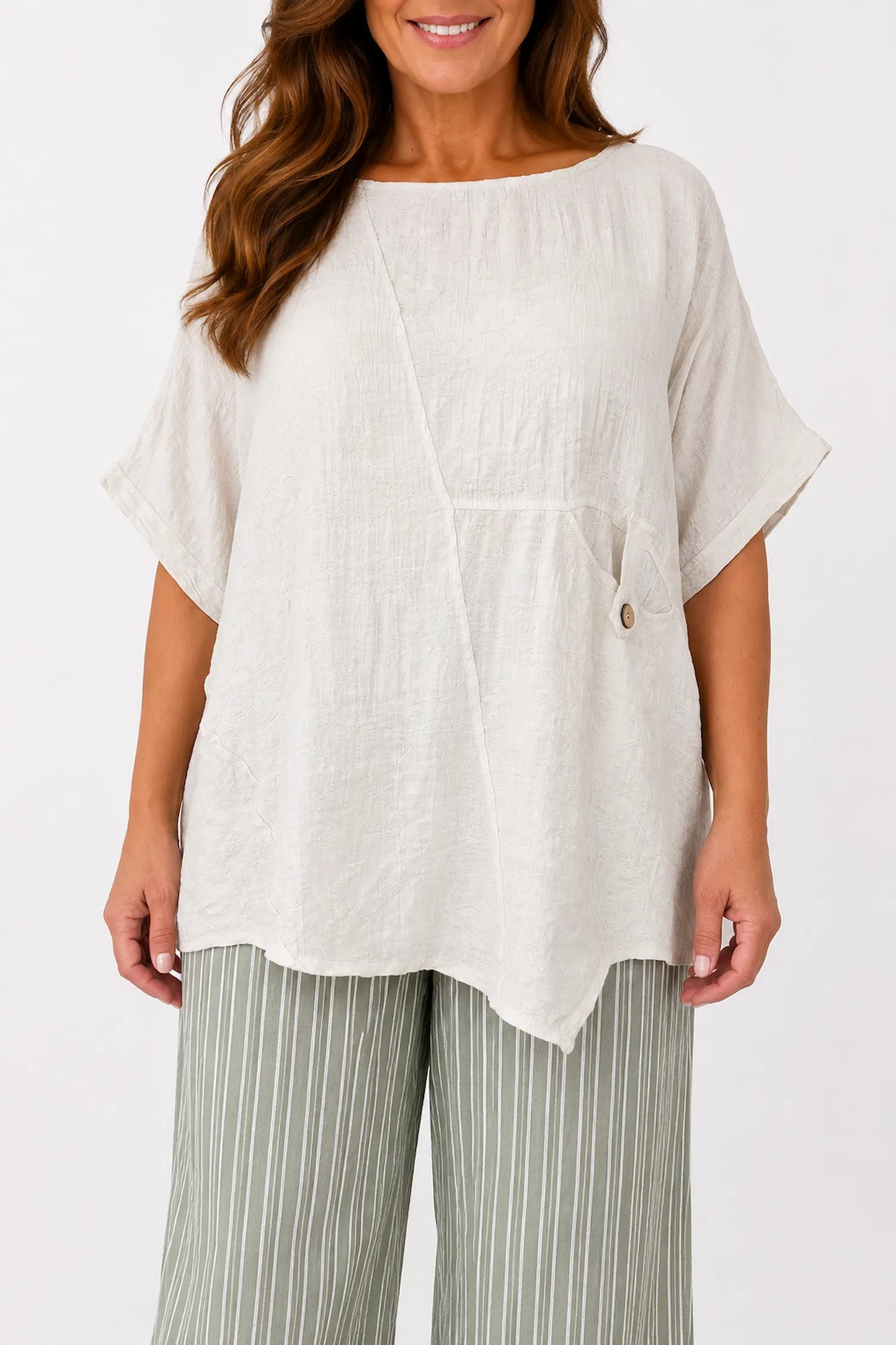 Button Pocket Varessa Jacquard Top - Beige
