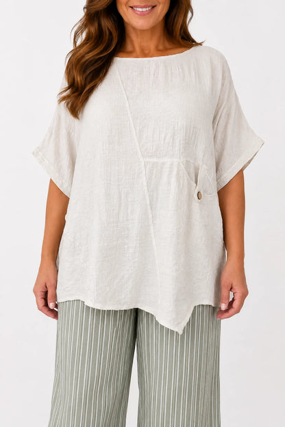 Button Pocket Varessa Jacquard Top - Beige