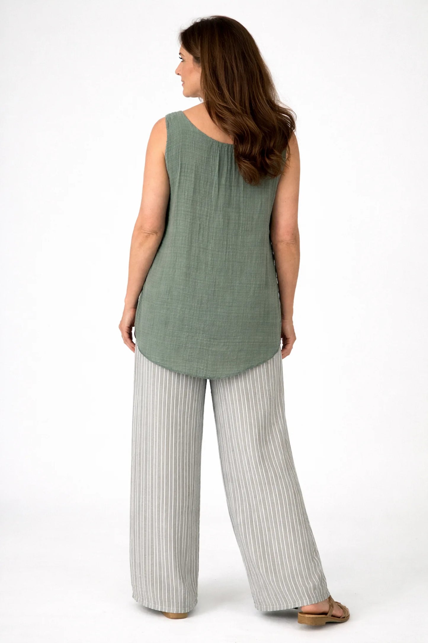 Linen Look Double Pocket Elasticated Waist Stripe Bella Wide Leg Pants - Sun-Washed Sage