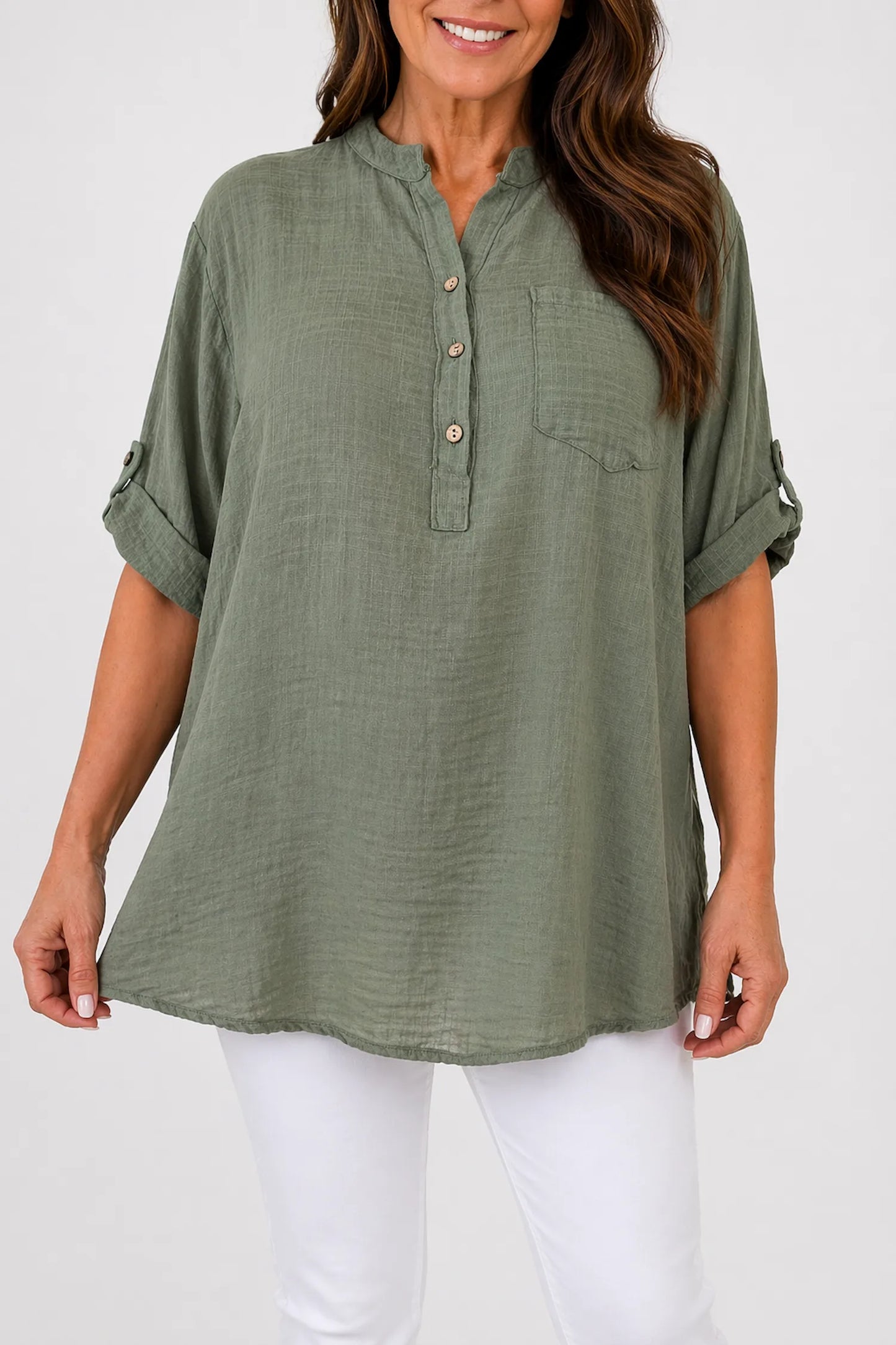 Linen Look Pure Cotton Pocket Detail Button Sleeve Calilla Button Shirt - Khaki