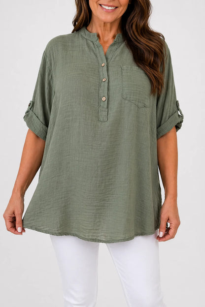 Linen Look Pure Cotton Pocket Detail Button Sleeve Calilla Button Shirt - Khaki