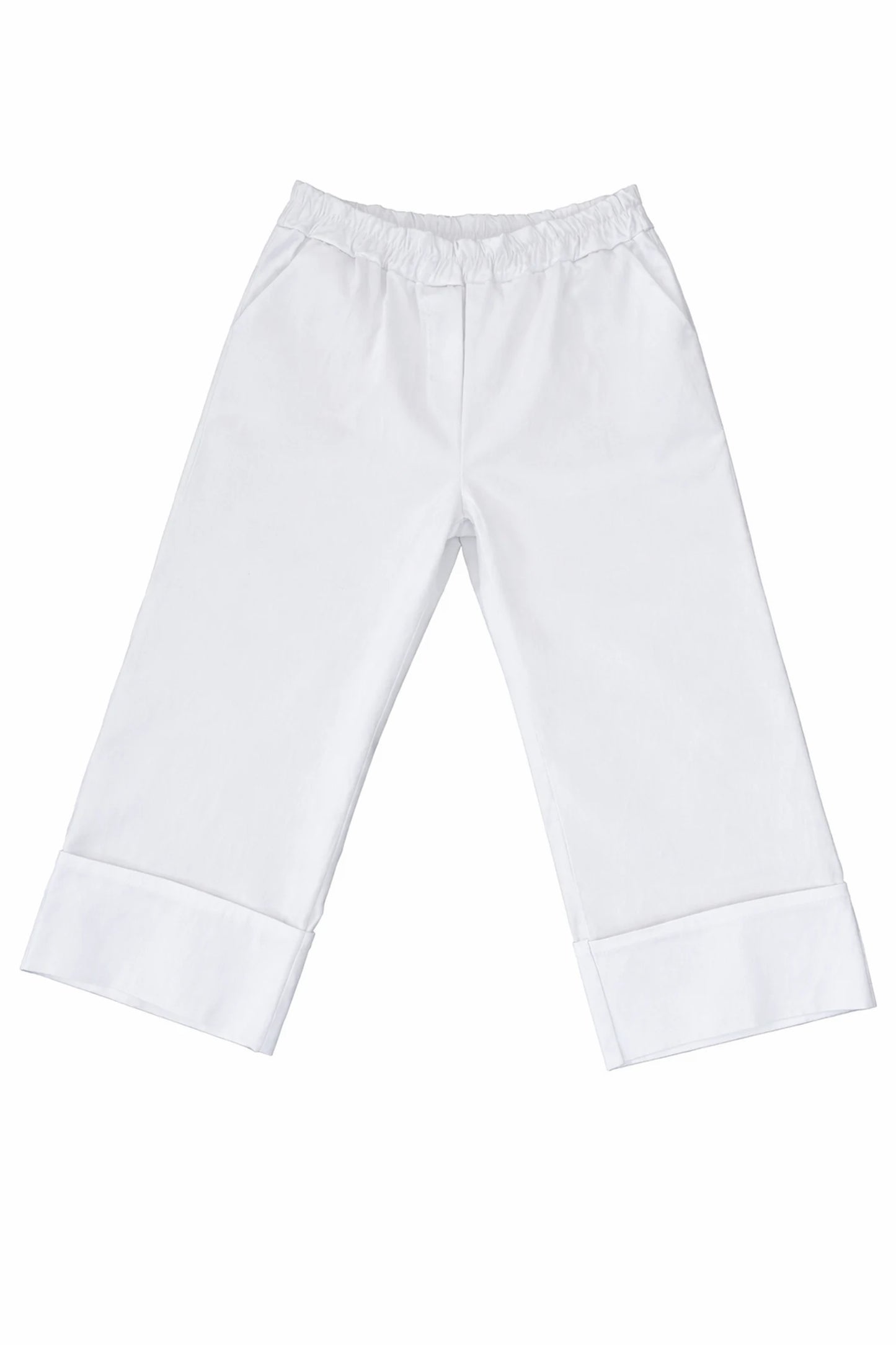 Stretch Wide Leg Capri Double Pocket Cuff Trouser - White