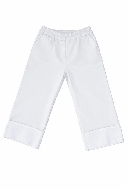 Stretch Wide Leg Capri Double Pocket Cuff Trouser - White