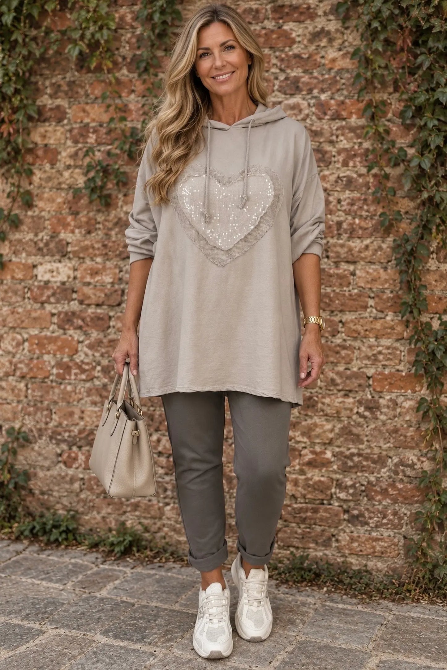 Cotton Sequin Heart Veronica Hoodie - Beige