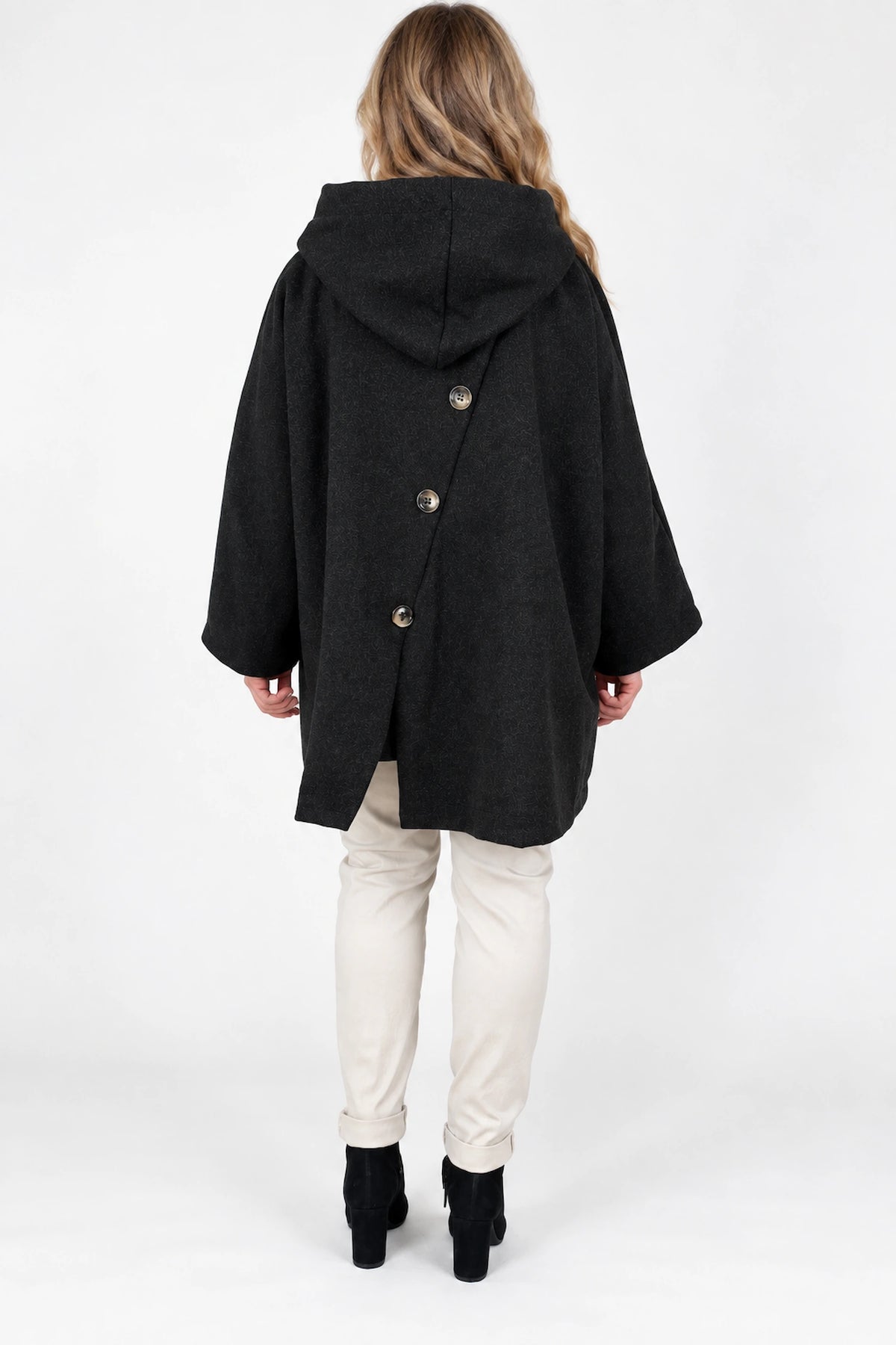 Double Button Pocket Zipped Button Back Sophia Hooded Coat - Black