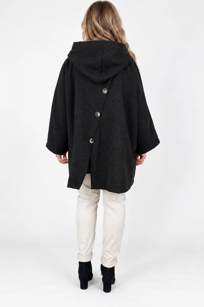 Double Button Pocket Zipped Button Back Sophia Hooded Coat - Black