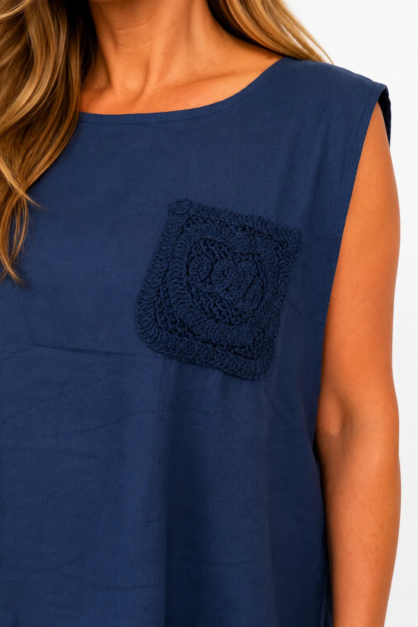 Linen Cotton Mix Button Back Embroidered Crochet Pocket Primrose Vest - Navy