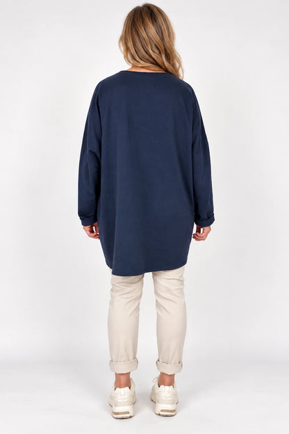 Cotton Fine Needlecord Patch Button Detail Fern Pocket Top - Navy