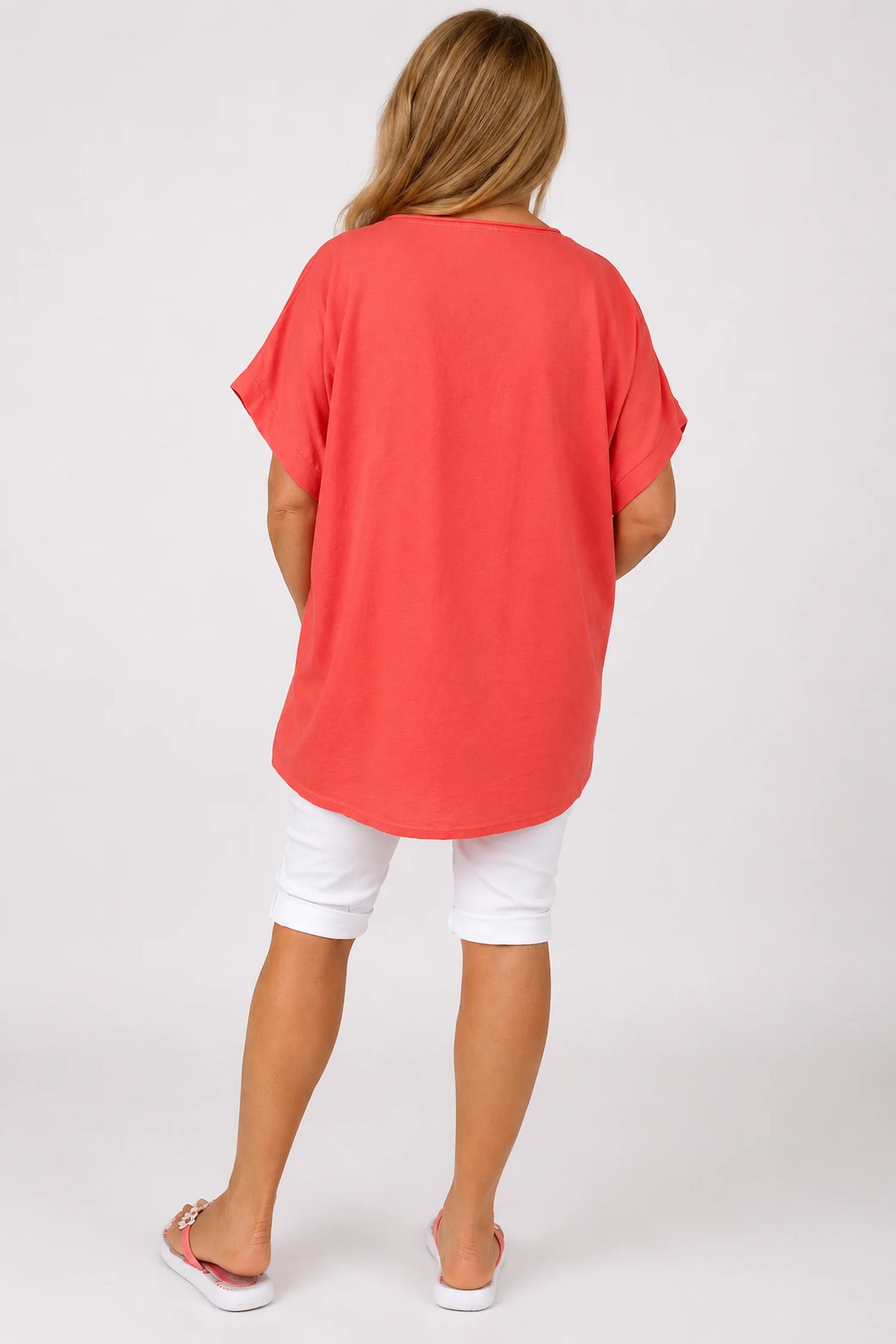 Linen Cotton Mix Diamanté Golden Leaf Carletta Top - Coral