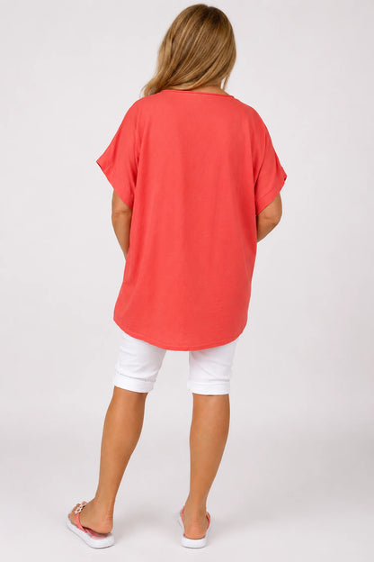 Linen Cotton Mix Diamanté Golden Leaf Carletta Top - Coral