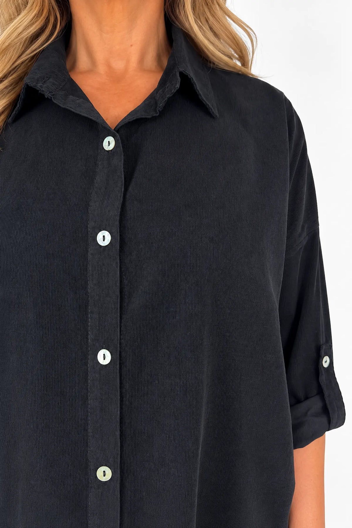 Pure Cotton Needlecord Button Sleeve Milan Button Shirt - Black