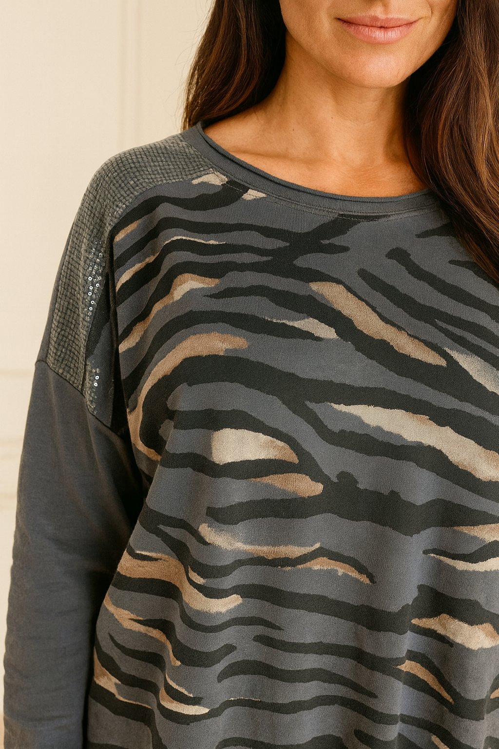 Cotton Sequin Shoulder Amari Top - Wolf Grey