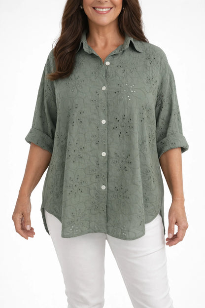 Cotton Embroidery Anglaise Crochet Detail Carlotta Button Shirt - Khaki