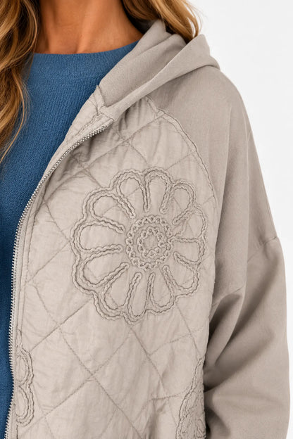 Embroidered Floral Quilted Cotton Hooded Zip Kala Coat – Beige