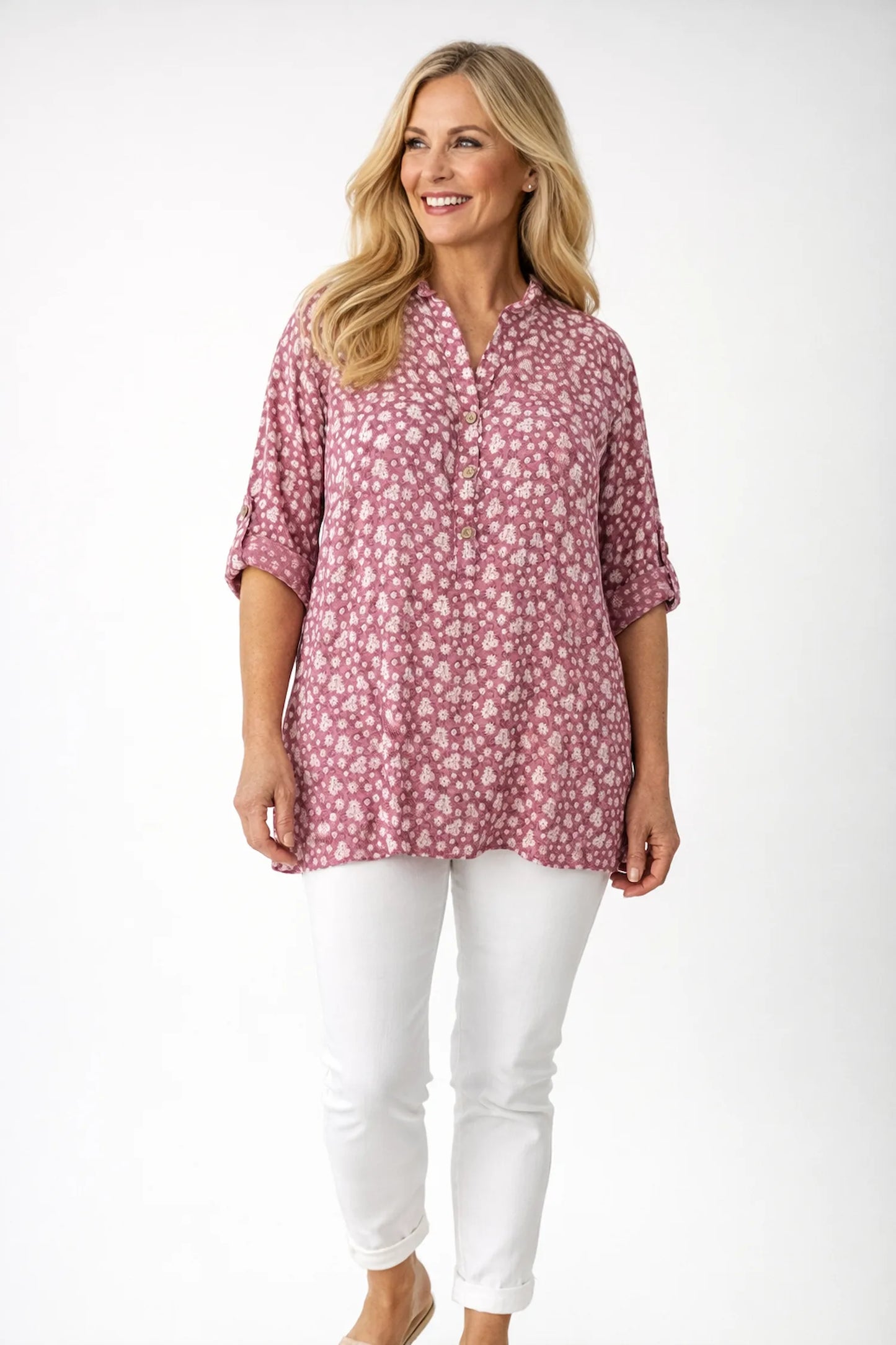 Linen Look Cotton Button Sleeve Daisy Button Shirt - Raspberry Ripple