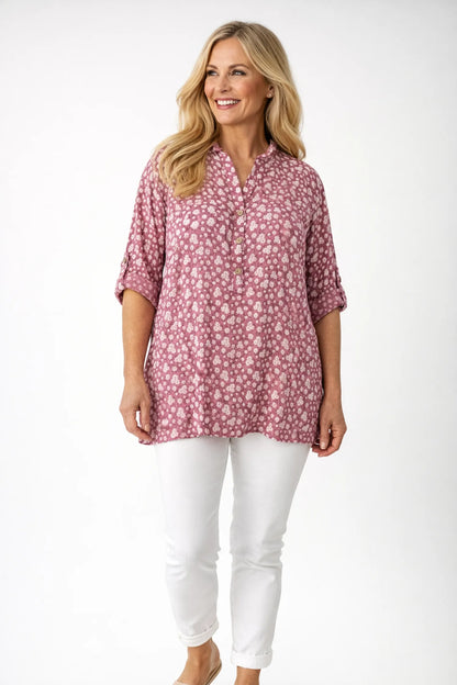 Linen Look Cotton Button Sleeve Daisy Button Shirt - Raspberry Ripple