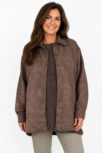 Alexandra Button Sleeve Faux Suede Button Jacket - Chocolate