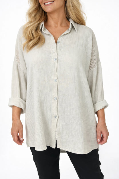 Pure Bubble Cotton Mesh Sleeve/Back Detail Celeste Button Shirt - Beige