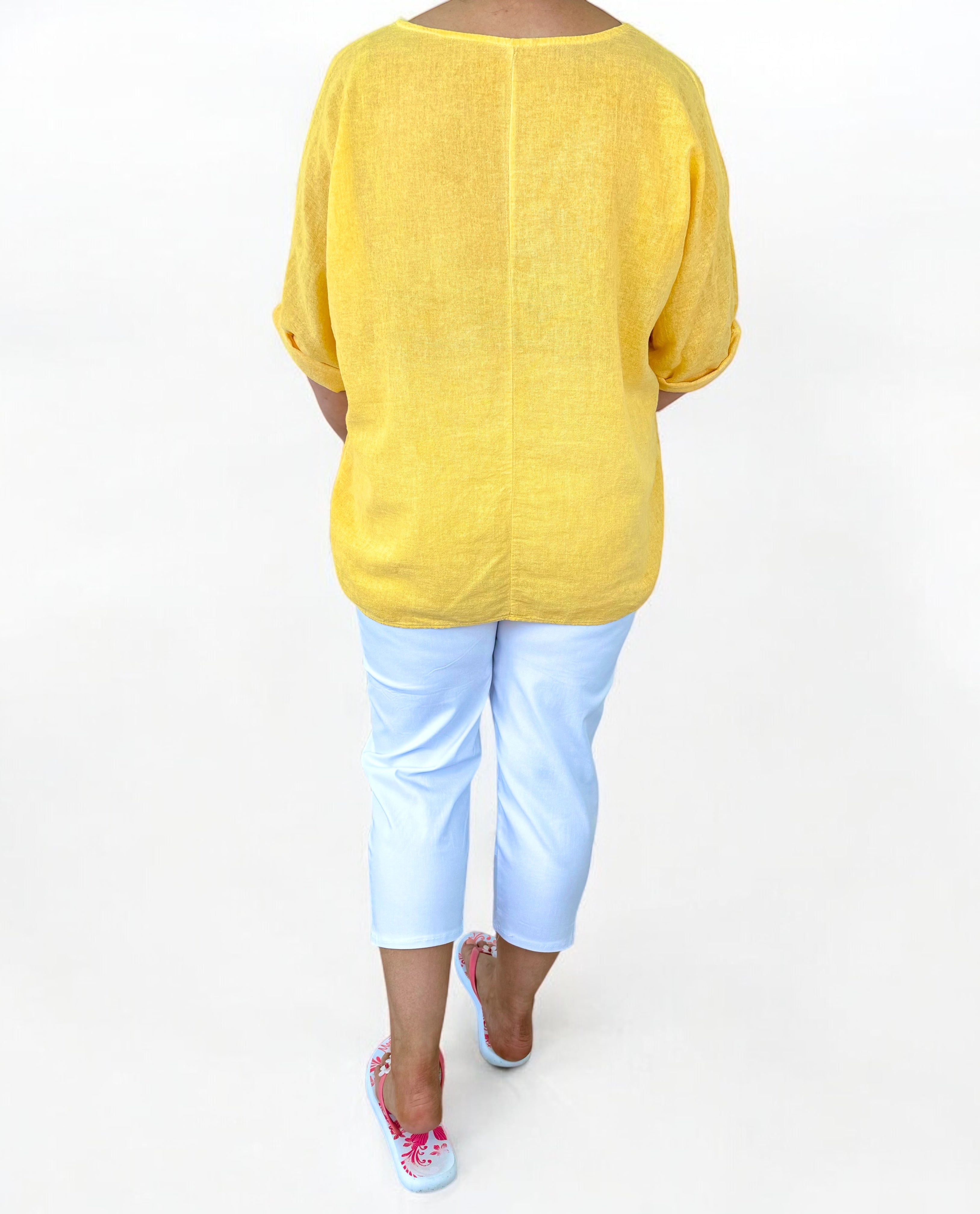 Linen Mix Acid Wash Necklace Top - Sunrise Yellow