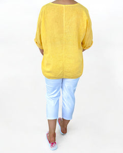 Linen Mix Acid Wash Necklace Top - Sunrise Yellow