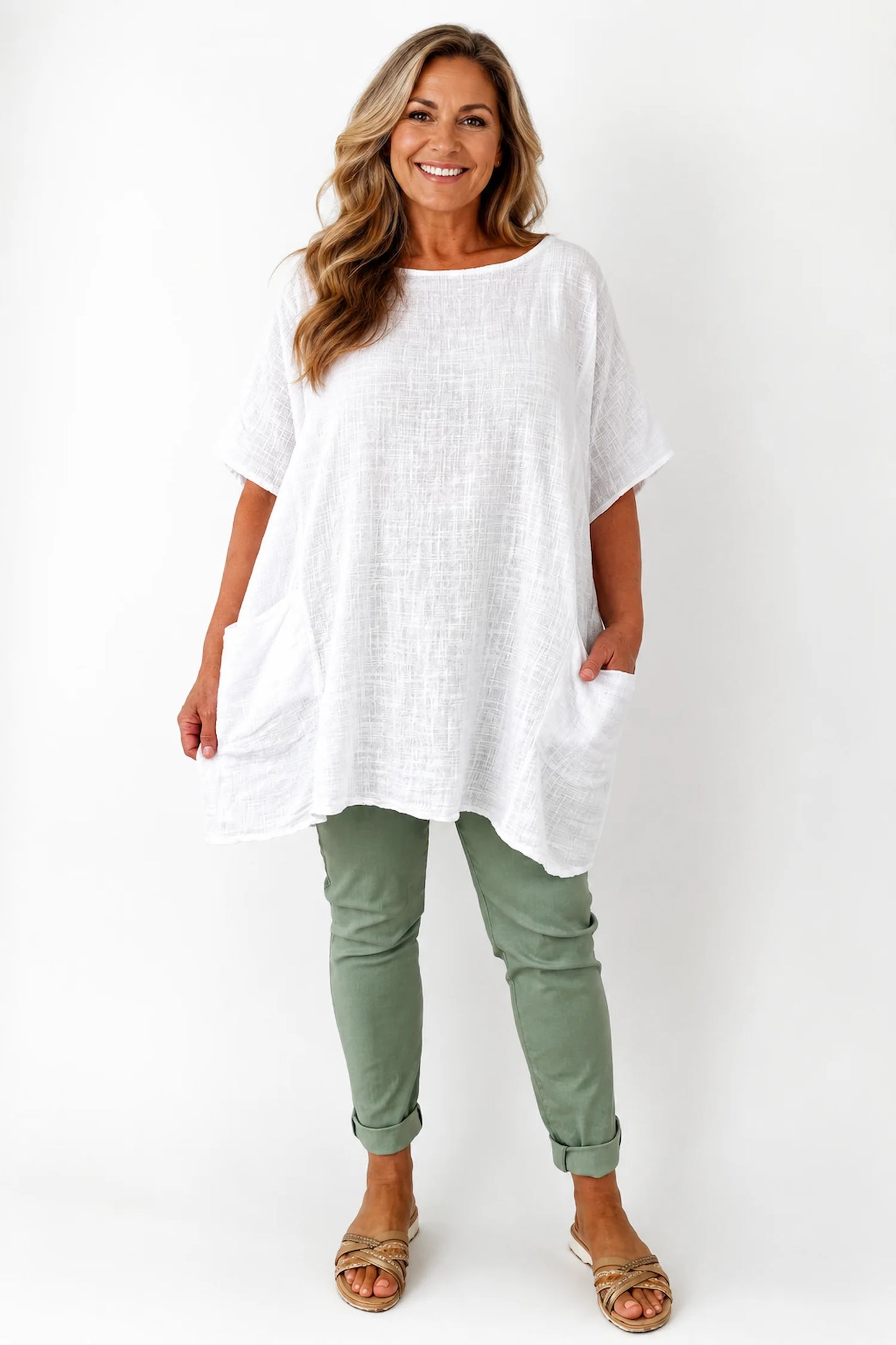 Pure Cotton Double Pocket Coté Tunic Top - White