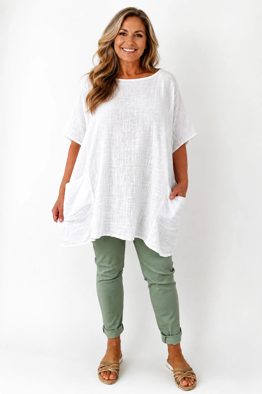 Pure Cotton Double Pocket Coté Tunic Top - White