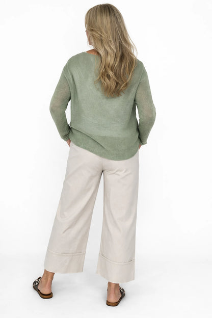 Stretch Wide Leg Capri Double Pocket Cuff Trouser - Beige