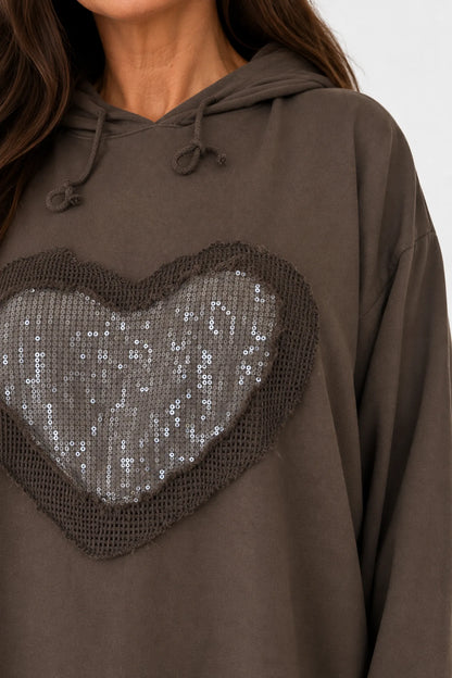 Cotton Sequin Heart Veronica Hoodie - Chocolate