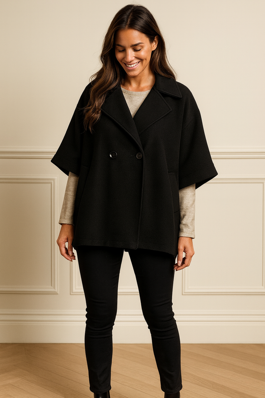 Double Pocket Button Detail Florence Cape Jacket - Black