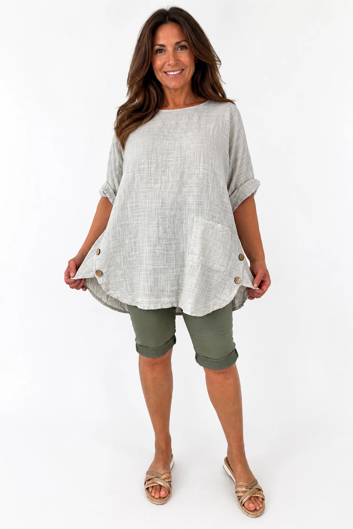 Linen Look Pure Cotton Button Detail Pocket Venice Top - Stone