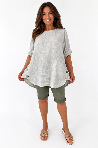 Linen Look Pure Cotton Button Detail Pocket Venice Top - Stone