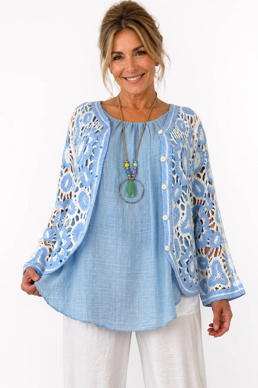 Colette Button Crochet Cardigan - Baby Blue