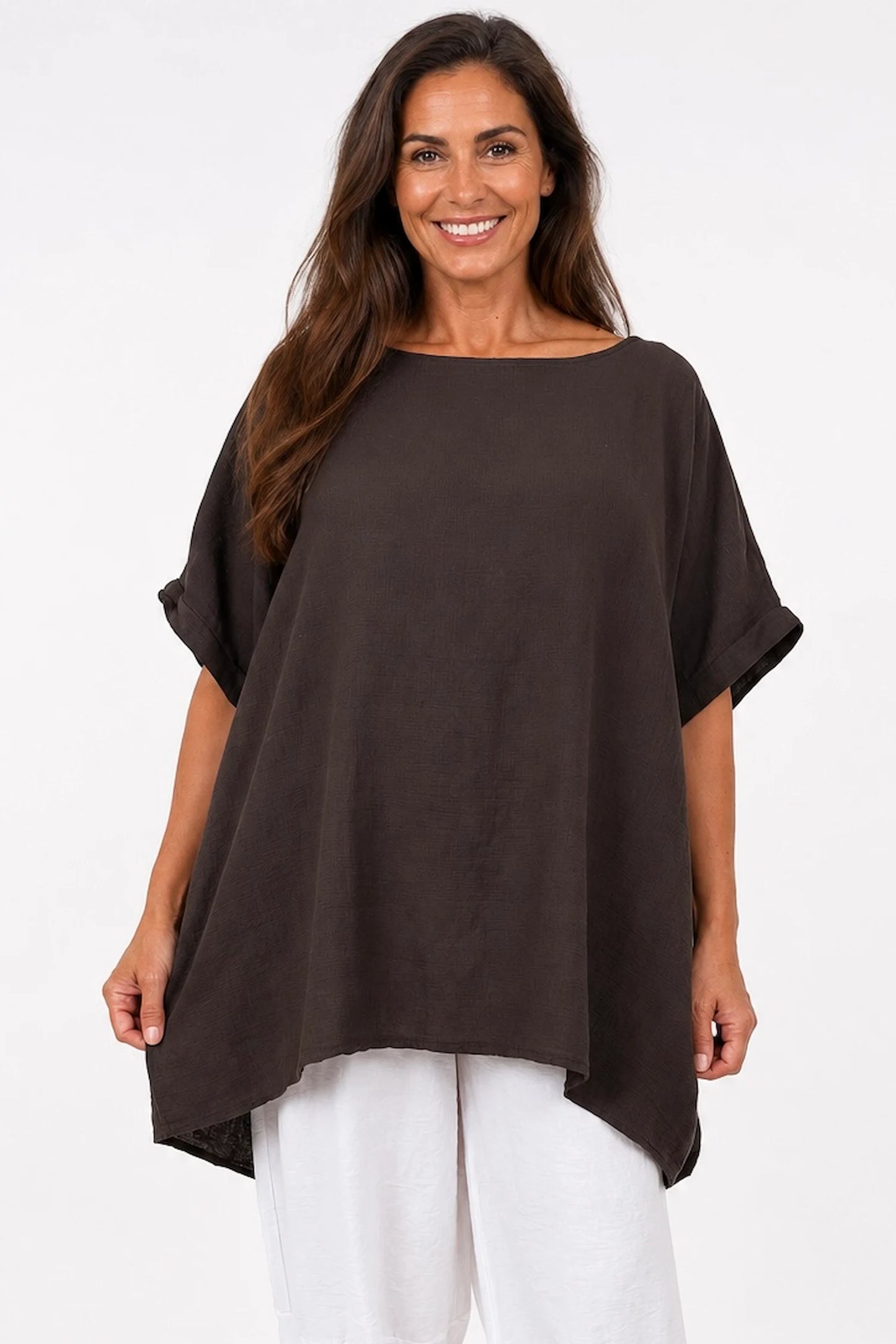 Pure Cotton Premium Stitch Button Back Jenni Top - Chocolate