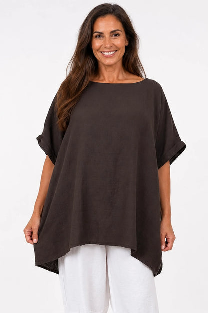 Pure Cotton Premium Stitch Button Back Jenni Top - Chocolate