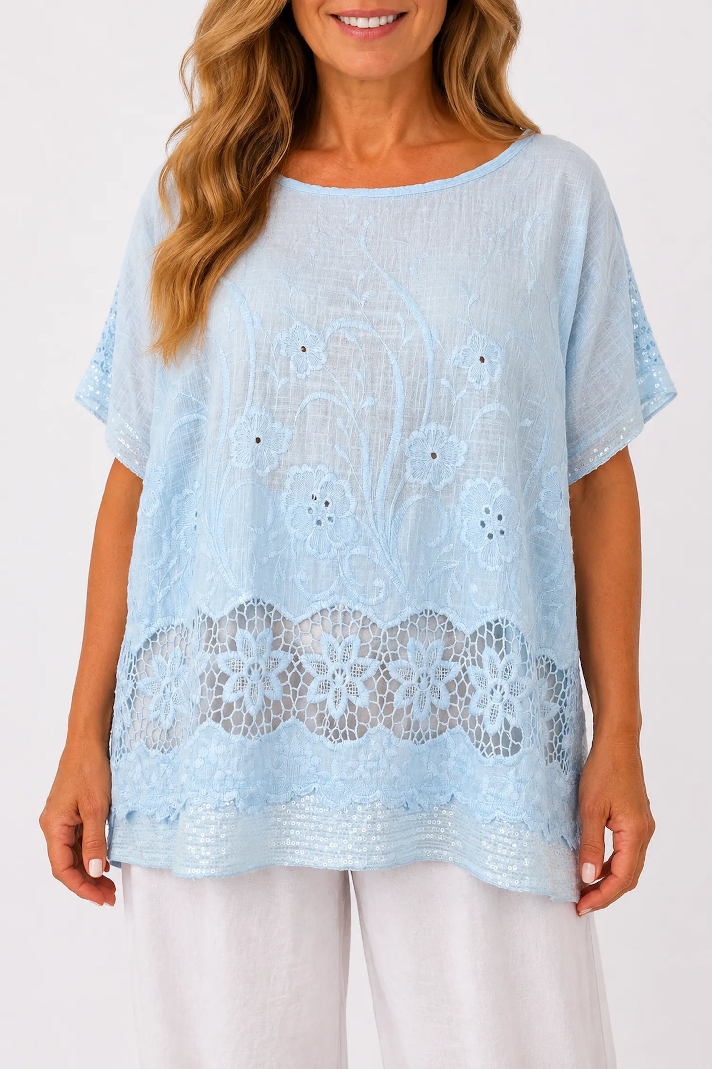 Cotton Crochet Detail Embroidery Anglaise Sequin Hem/Sleeve Selina Top - Baby Blue