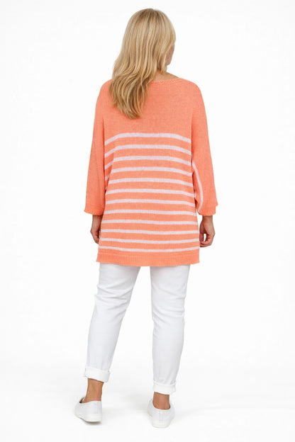 Cotton Serena Stripe Spring Knit Top - Apricot Coral