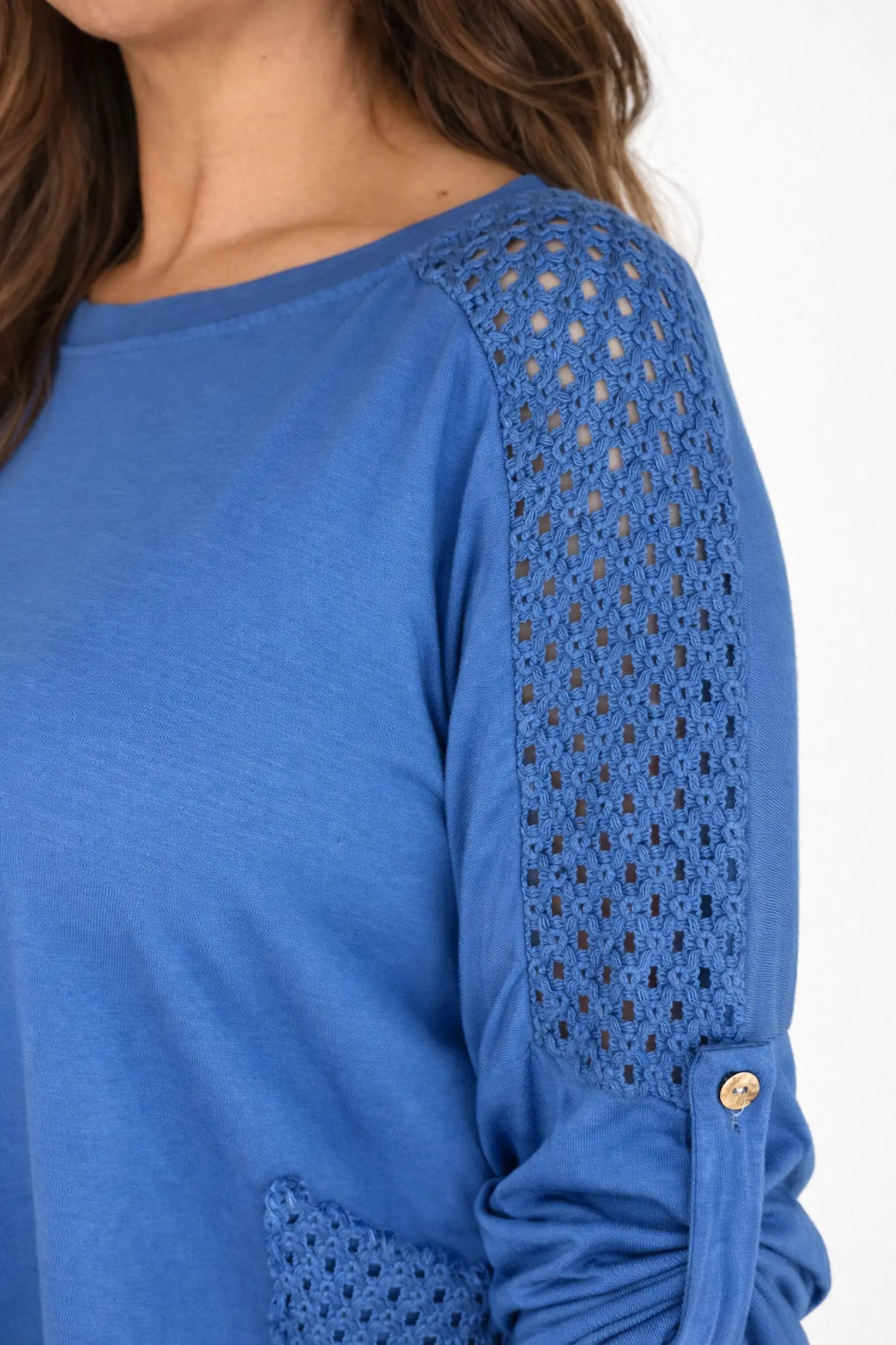 Cotton Crochet Detail Charmaine Button Sleeve Top - Denim