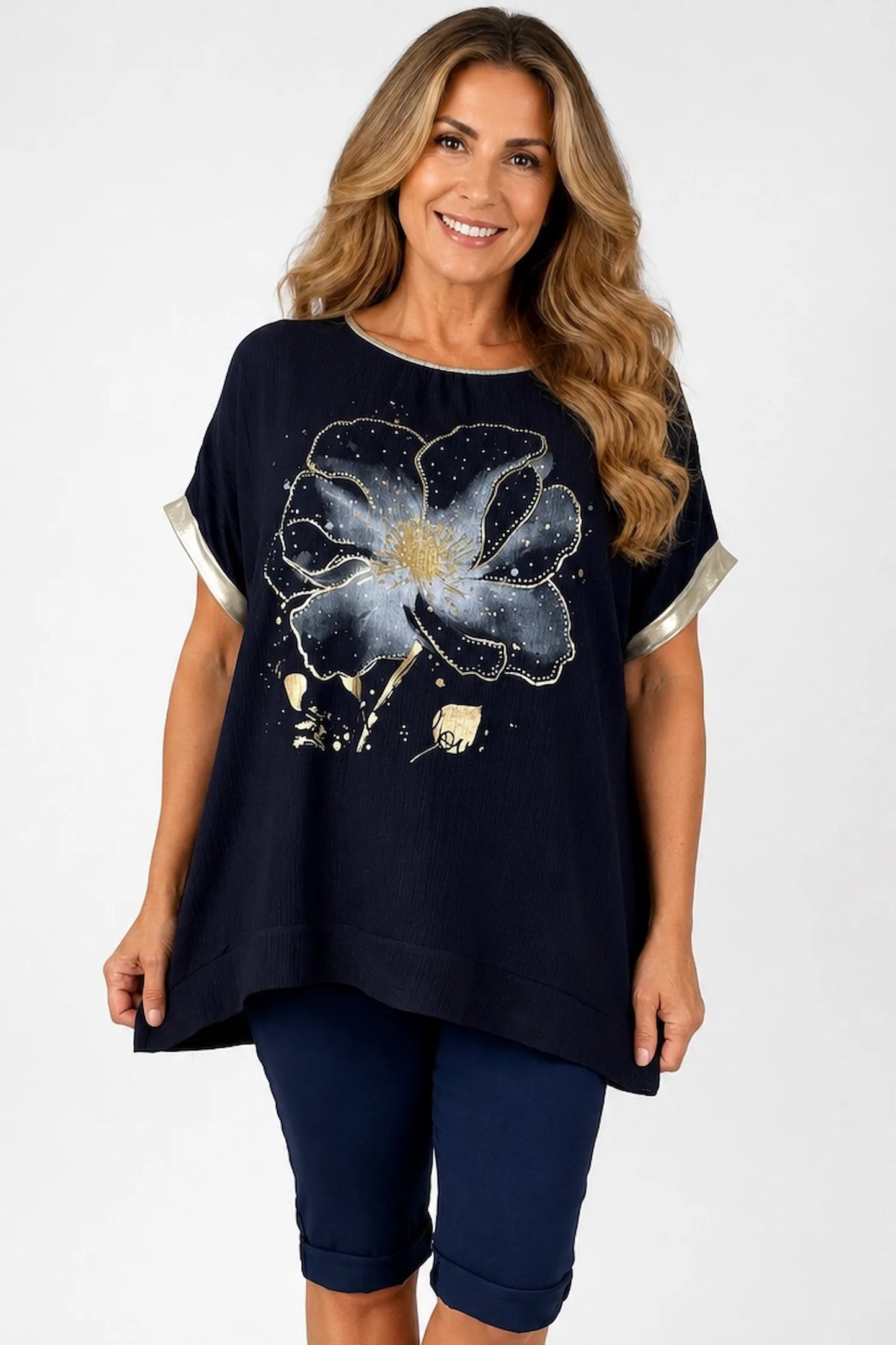 Lightly Textured Golden Diamanté Clover Gold Trim Diana Top - Navy