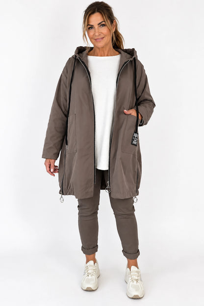 Double Pocket Badge Detail Adjustable Fit Side Zip Florenzi Lightweight Coat - Mocha