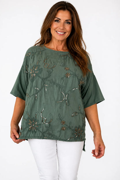 Pure Cotton Embroidery Anglaise Sequin Golden Sparkle Floral Tied Detail Rosa Top- Khaki