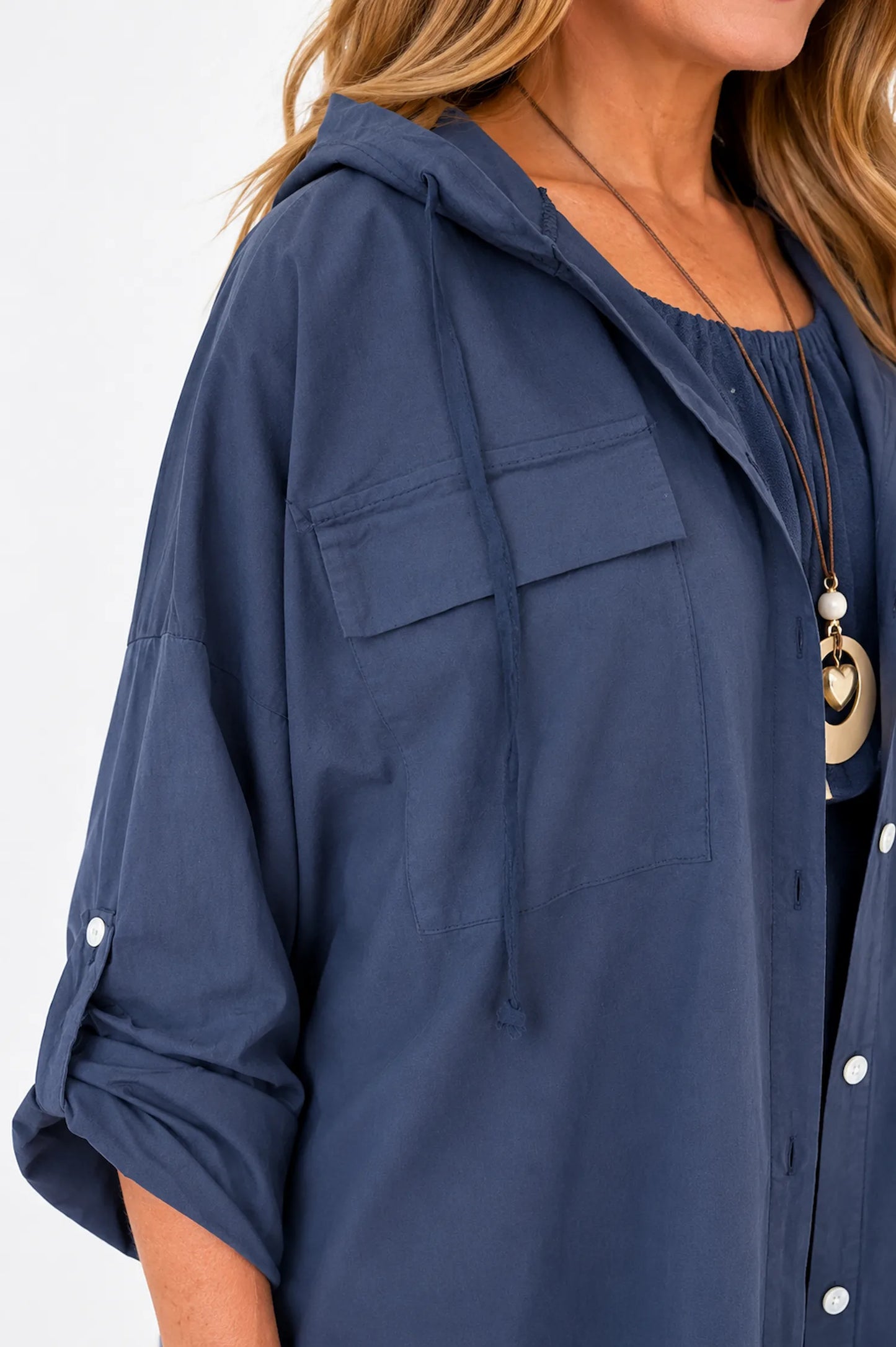 Cotton Double Flap Pocket Button Sleeve Izzy Hooded Overshirt - Navy