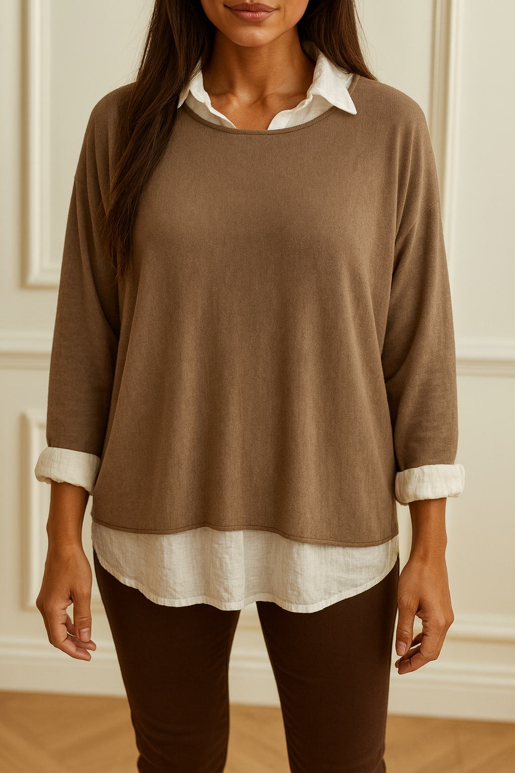 Cotton Mix Two in One Fleur Top - Mocha