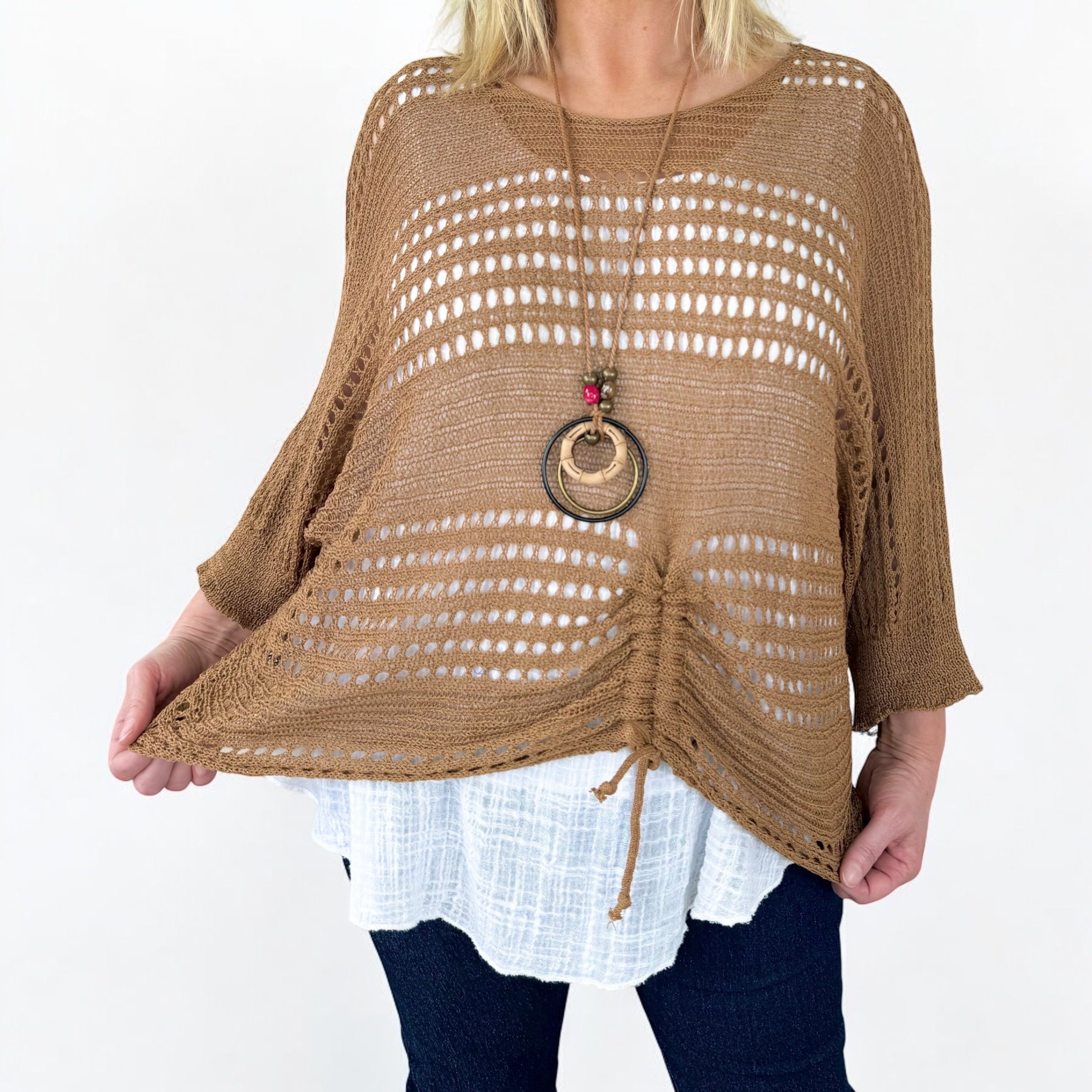 Darla Batwing Rugged Detail Crochet Top - Camel