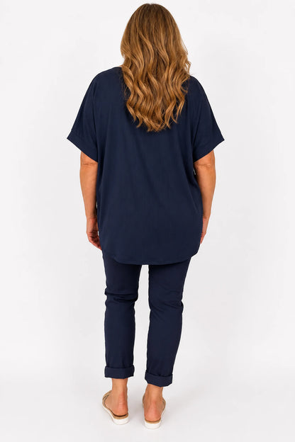 Fine Ribbed Gold Trim Sophia Necklace Top - Navy